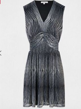 Morgan de Toi Metallic Black & Silver V‑Neck Midi Dress